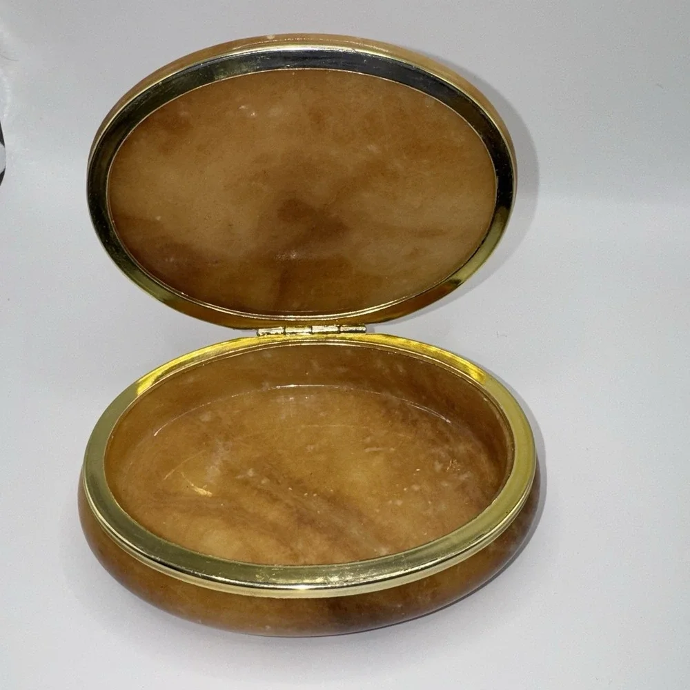 Vintage Genuine Alabaster Hand Carved Hinged Jewelry Trinket Box Made in Italy